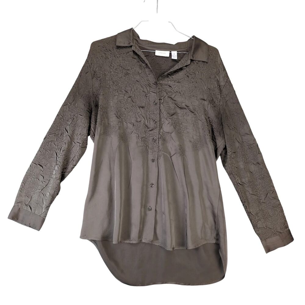 Chico's Brown Crinkle Texture Tunic Blouse Size 2=Women's L/12 Long Sleeve Chic